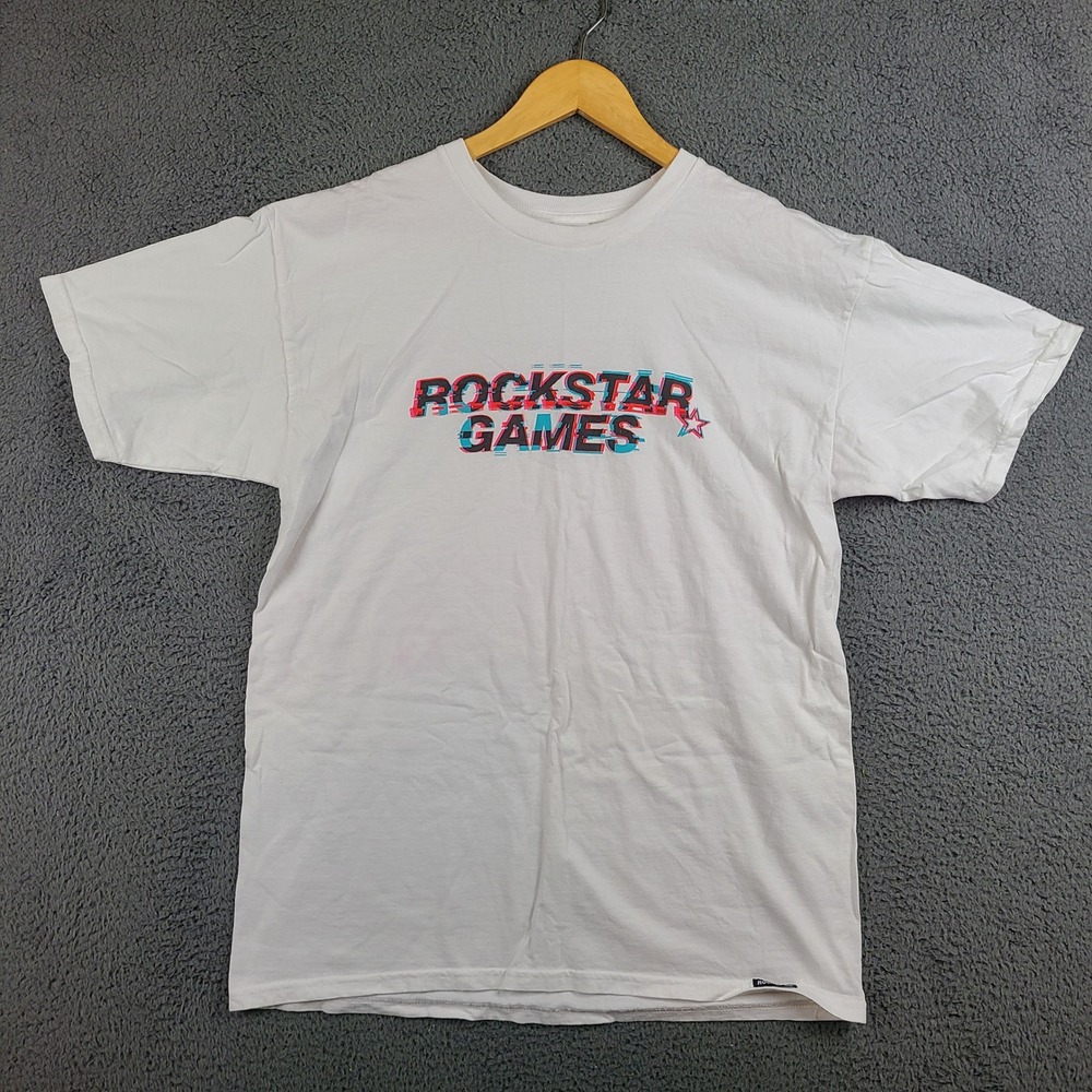 Rockstar Games T Shirt Mens Large White Glitch Logo Graphic Gaming Tee 1998